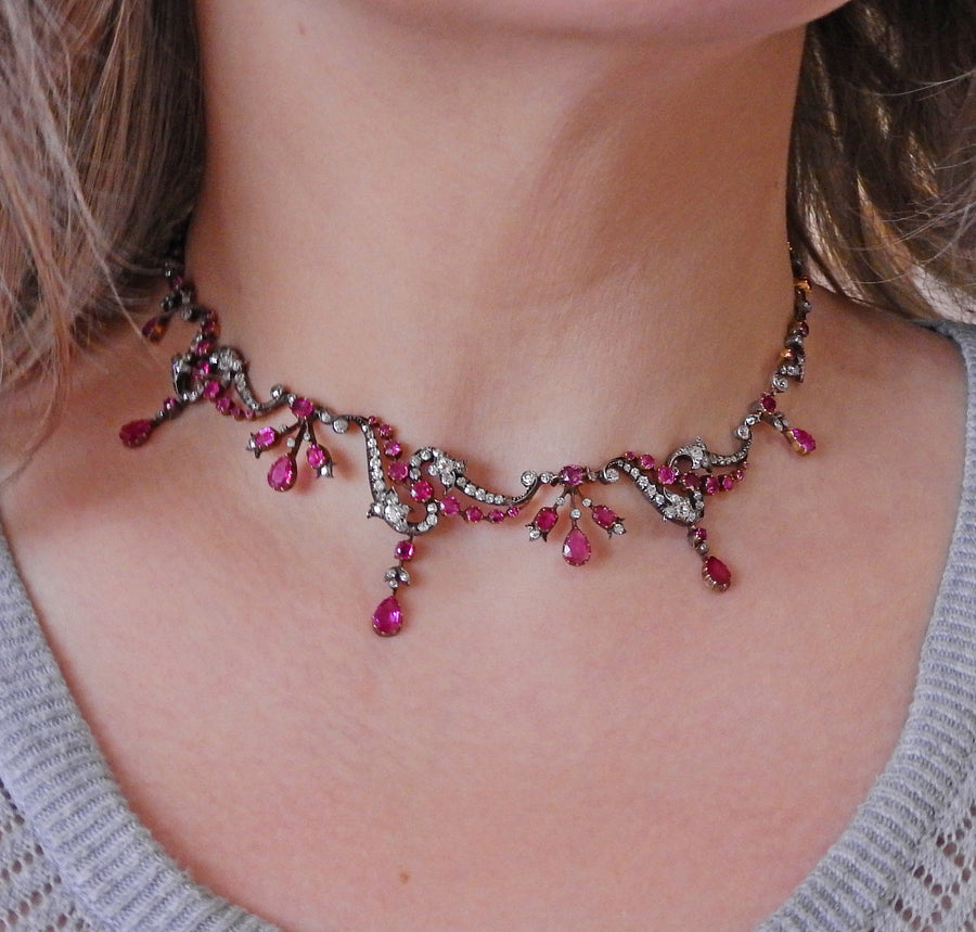 Antique Ruby Diamond Gold Silver Necklace