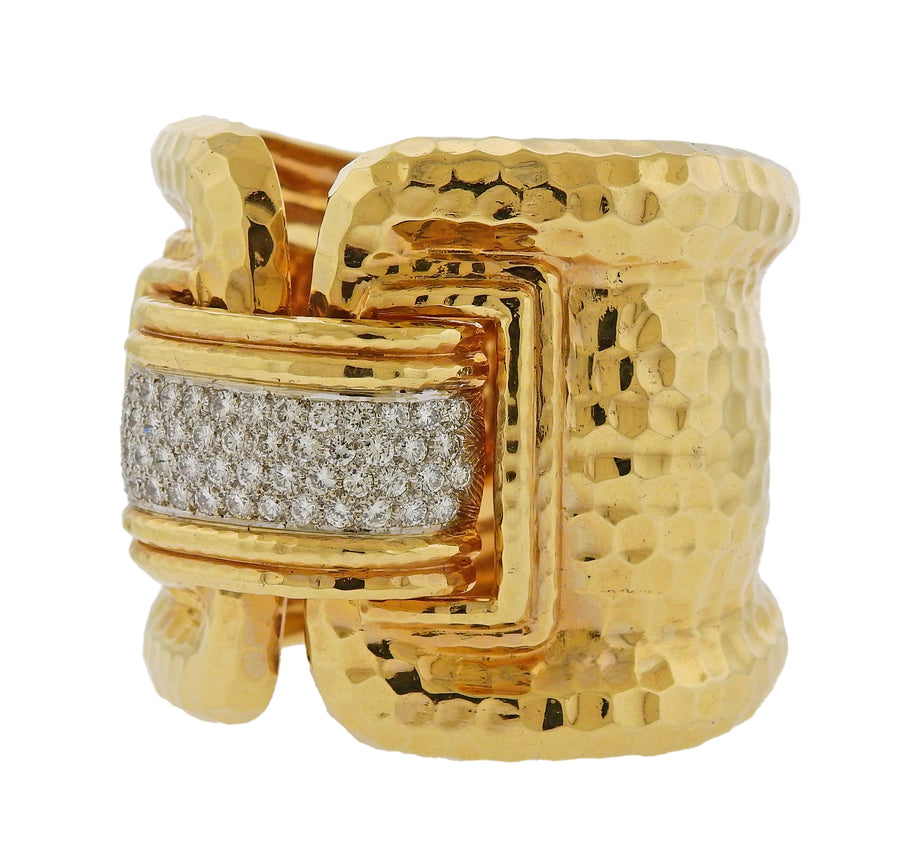 Large Diamond Hammered Gold Cuff Bracelet
