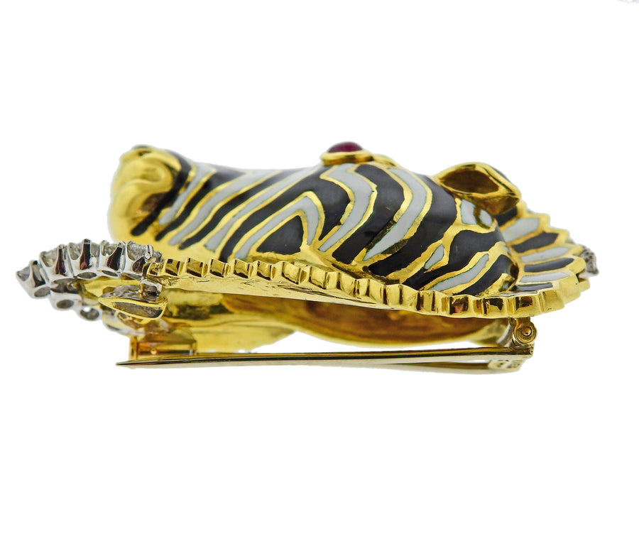 David Webb Ruby Diamond Enamel Gold Zebra Brooch Pin