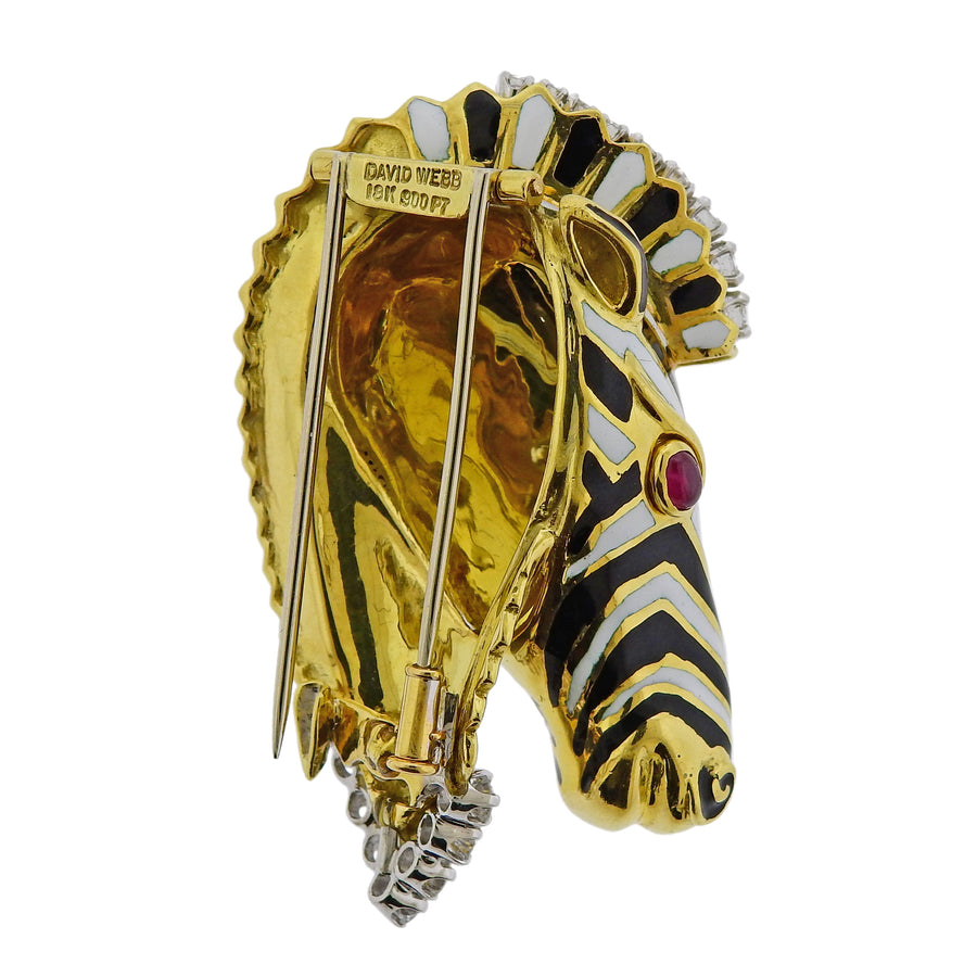 David Webb Ruby Diamond Enamel Gold Zebra Brooch Pin