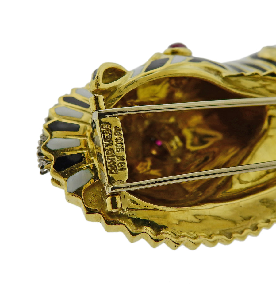 David Webb Ruby Diamond Enamel Gold Zebra Brooch Pin