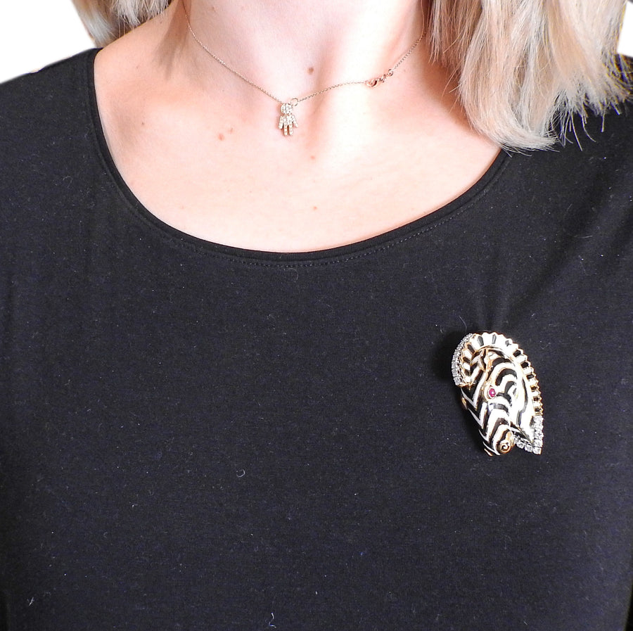 David Webb Ruby Diamond Enamel Gold Zebra Brooch Pin