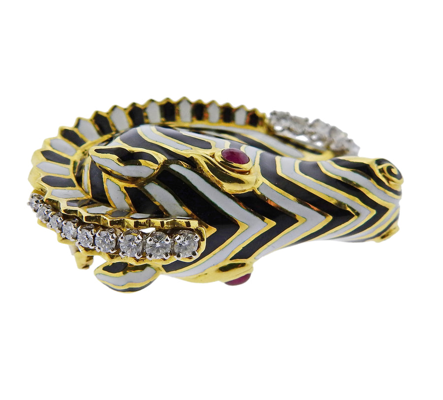David Webb Ruby Diamond Enamel Gold Zebra Brooch Pin