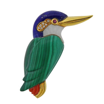 Malachite Lapis Coral Diamond Ruby Gold Bird Brooch