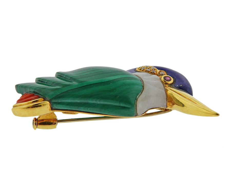 Malachite Lapis Coral Diamond Ruby Gold Bird Brooch