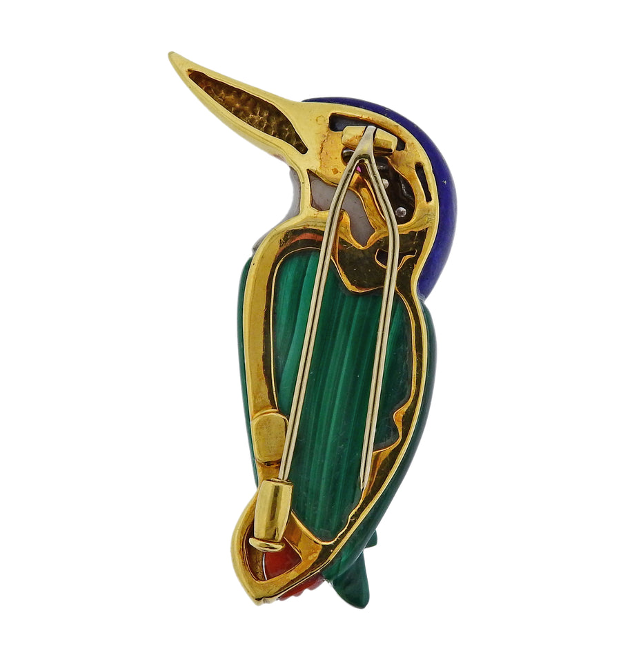 Malachite Lapis Coral Diamond Ruby Gold Bird Brooch