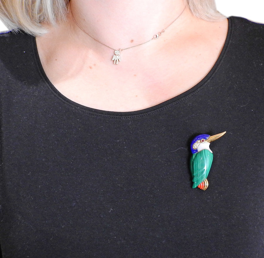 Malachite Lapis Coral Diamond Ruby Gold Bird Brooch
