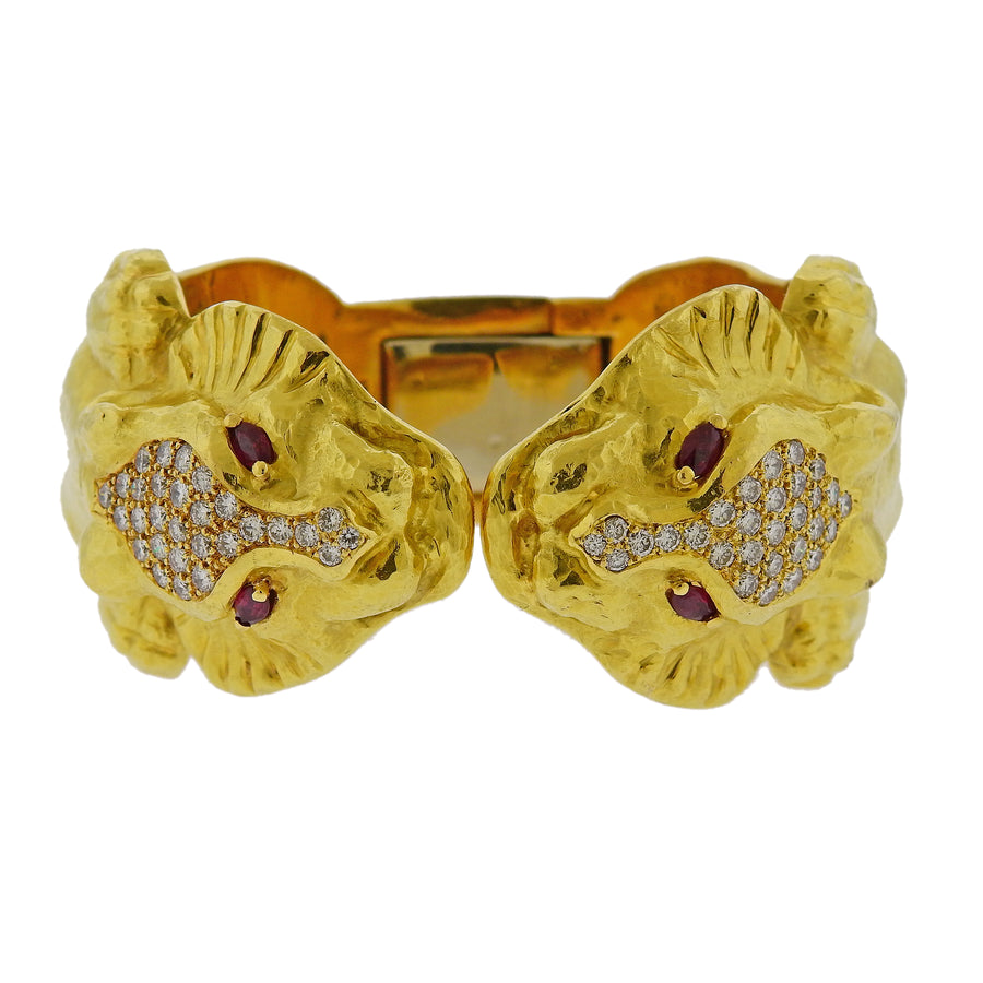 Diamond Ruby Gold Lion Head Bracelet