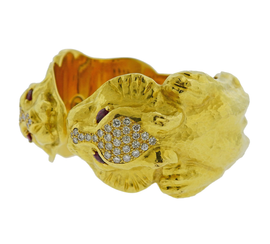 Diamond Ruby Gold Lion Head Bracelet