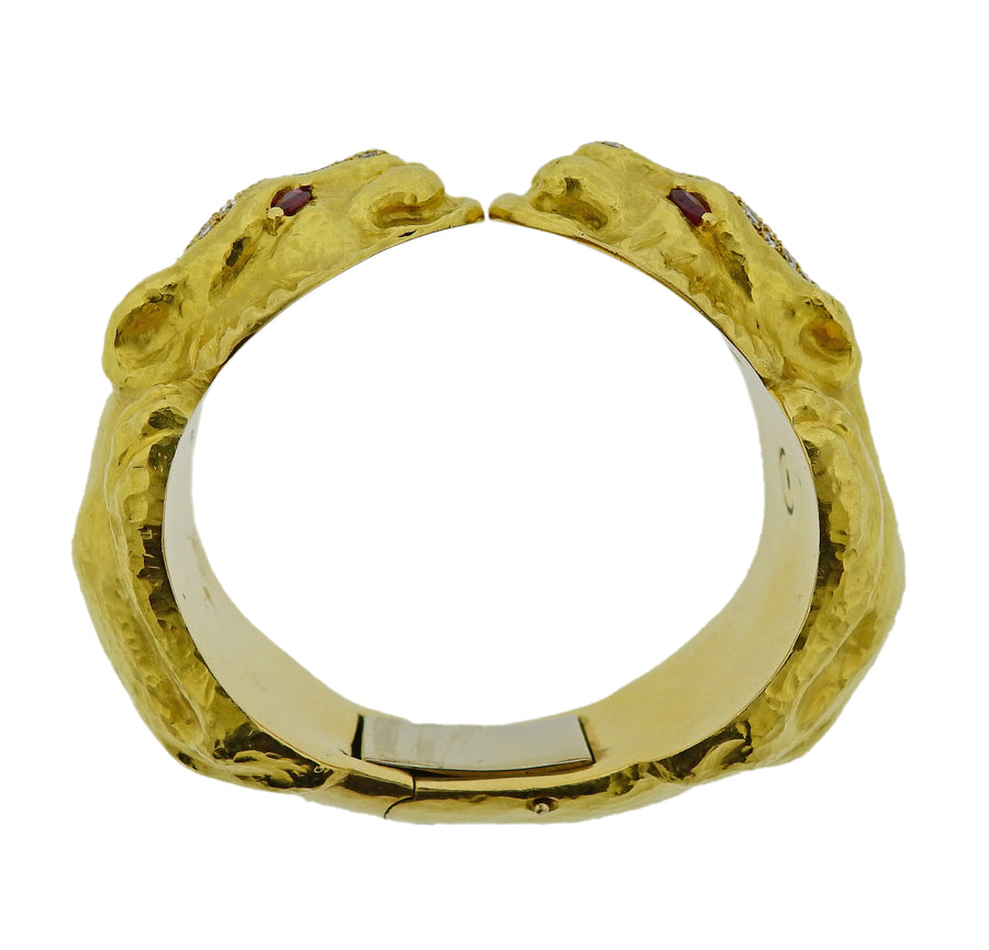 Diamond Ruby Gold Lion Head Bracelet