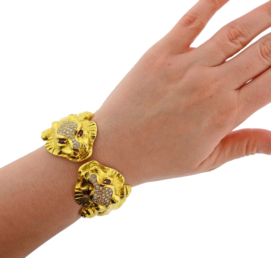 Diamond Ruby Gold Lion Head Bracelet