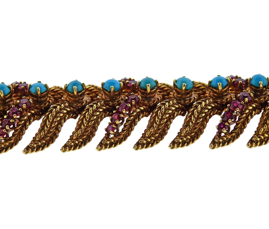 1960s Turquoise Ruby Gold Bracelet