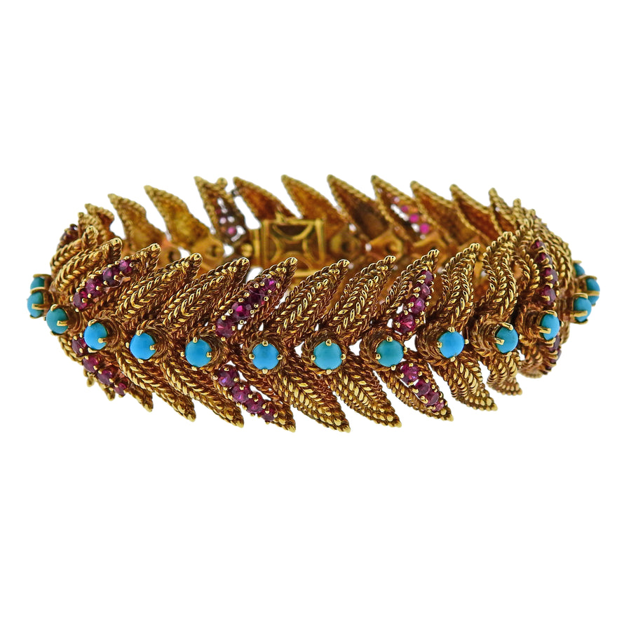 1960s Turquoise Ruby Gold Bracelet