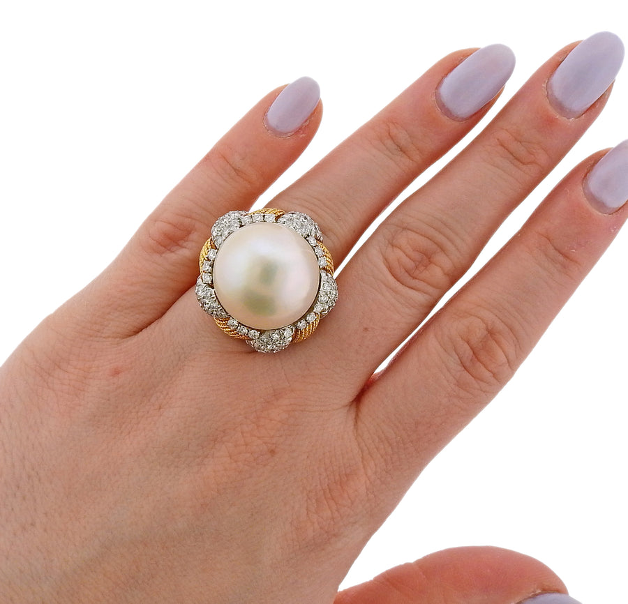 South Sea Pearl Diamond Gold Cocktail Ring