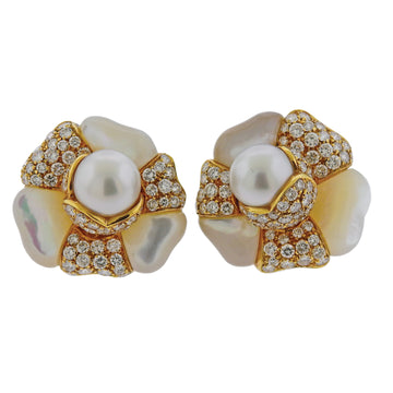 Diamond Pearl Mother of Pearl Gold Flower Cocktail Earrings