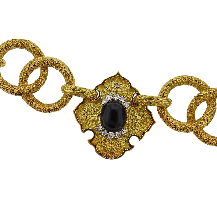 R Stone Coral Onyx Diamond Gold Necklace