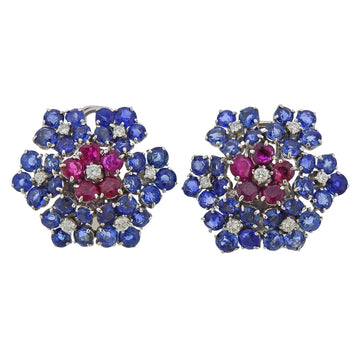 Van Cleef & Arpels Ruby Diamond Sapphire Flower Earrings Clip Set