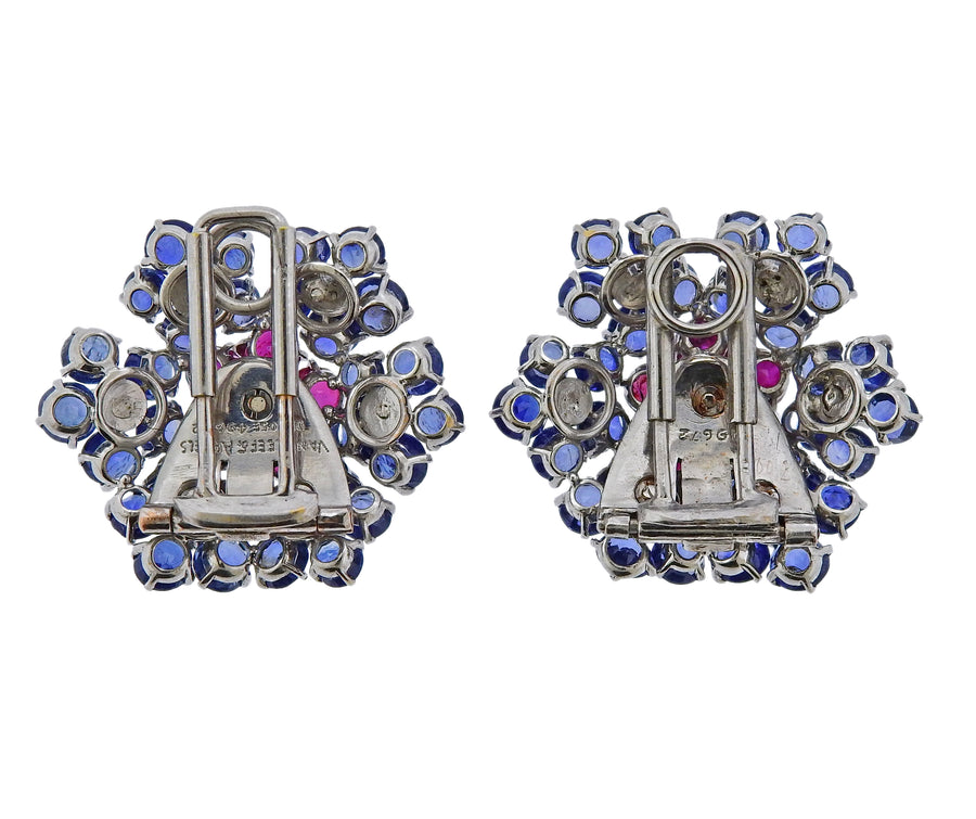 Van Cleef & Arpels Ruby Diamond Sapphire Flower Earrings Clip Set