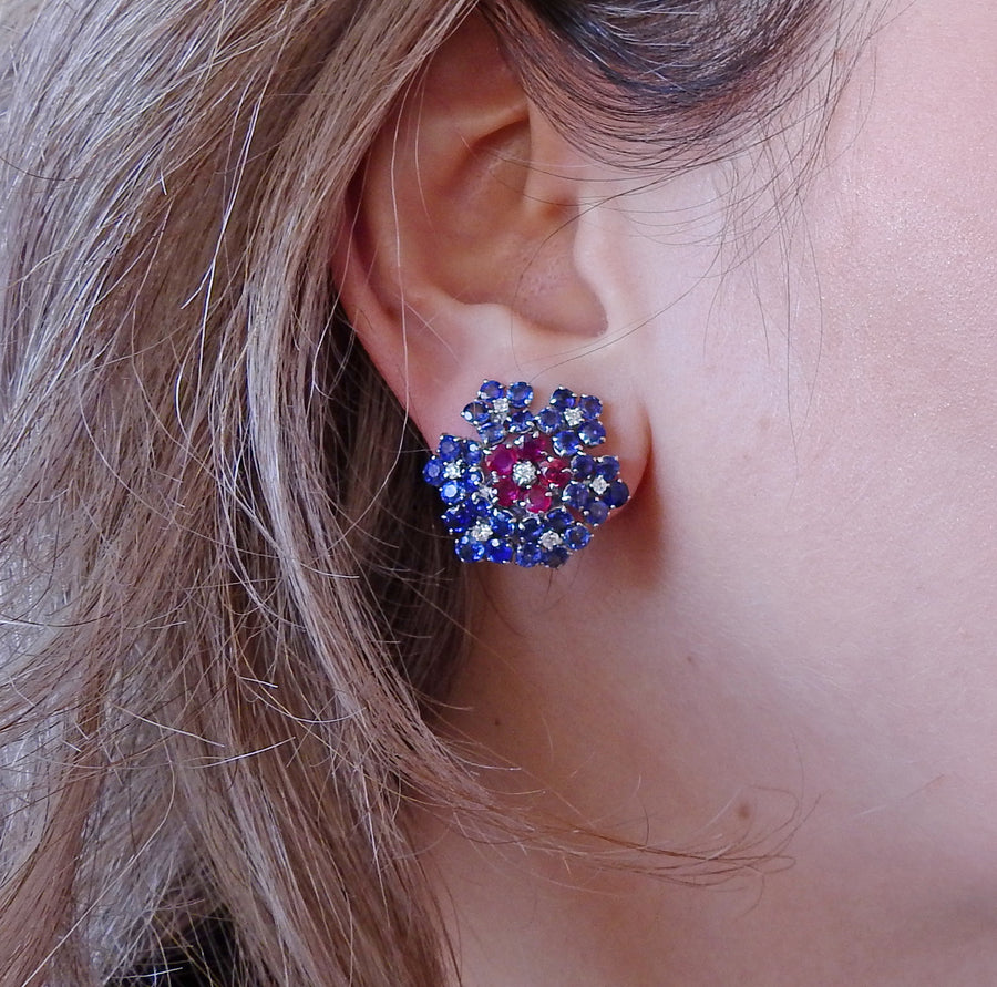 Van Cleef & Arpels Ruby Diamond Sapphire Flower Earrings Clip Set