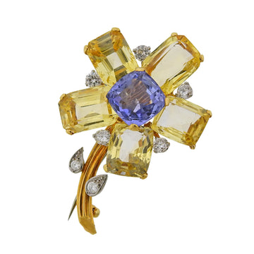 Cartier Mid Century Yellow Blue Sapphire Diamond Flower Brooch