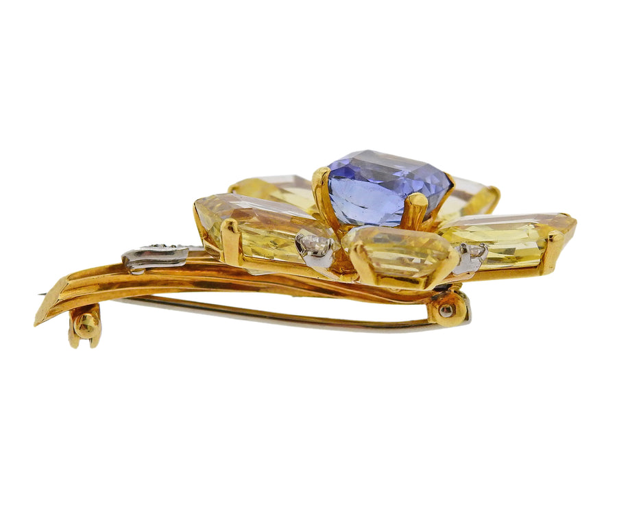 Cartier Mid Century Yellow Blue Sapphire Diamond Flower Brooch