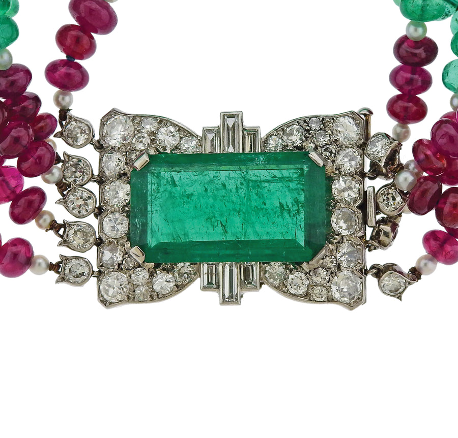 Cartier 10.50 Carat Emerald Ruby Diamond Platinum Bracelet
