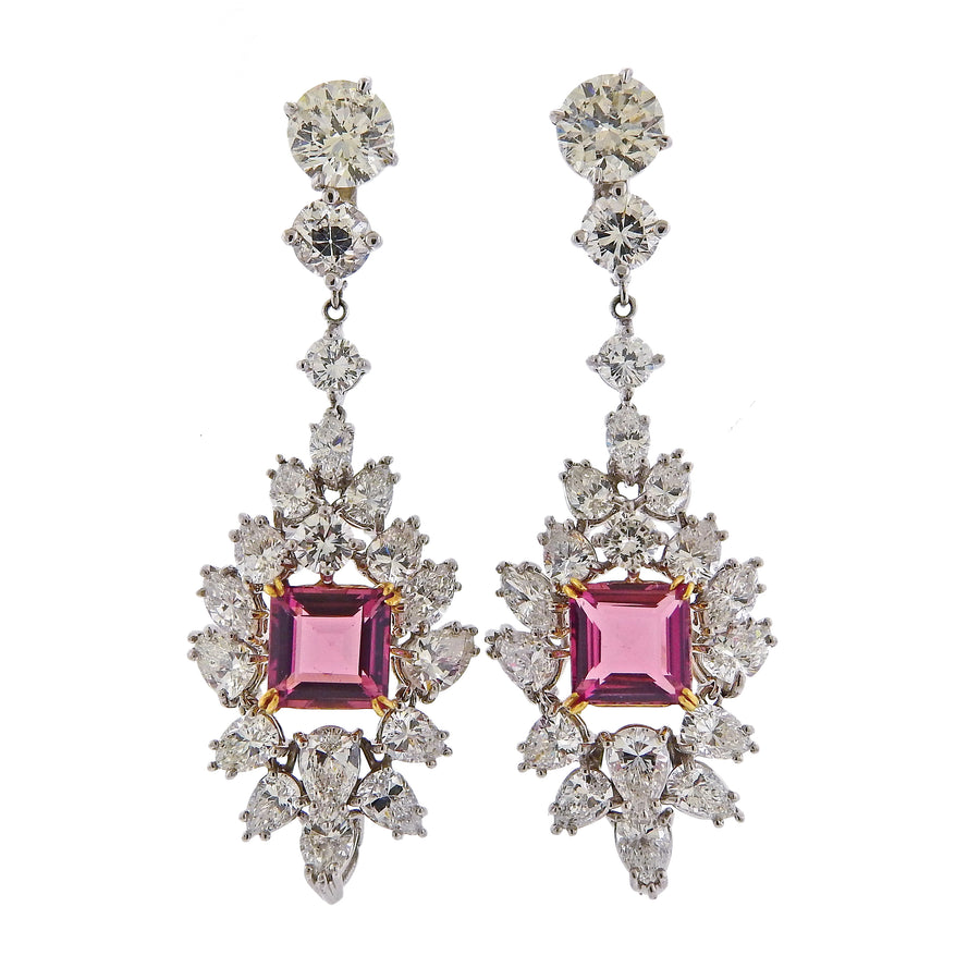 Diamond Platinum Pink Tourmaline Drop Earrings