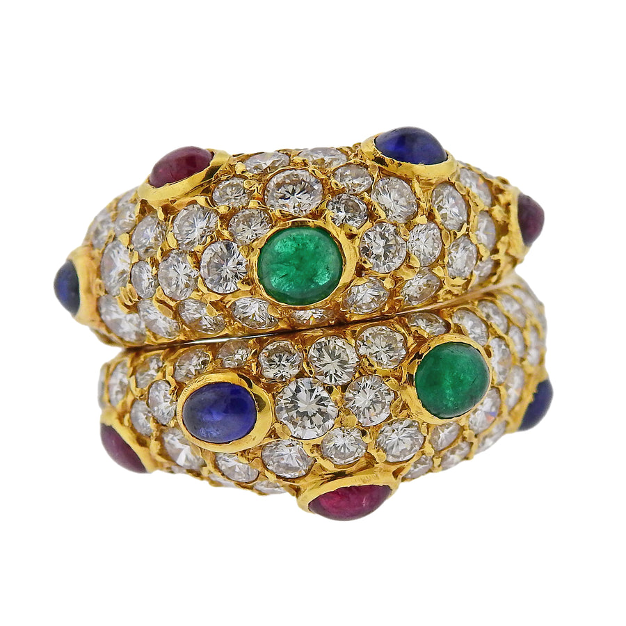 Fred Paris Sapphire Emerald Ruby Diamond Gold Ring