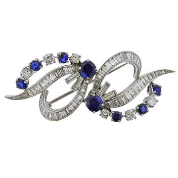 Mid Century Sapphire Diamond Platinum Brooch Clip