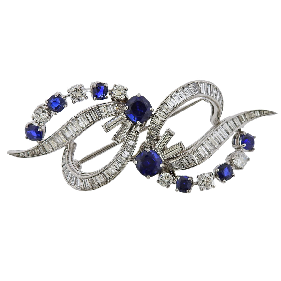 Mid Century Sapphire Diamond Platinum Brooch Clip