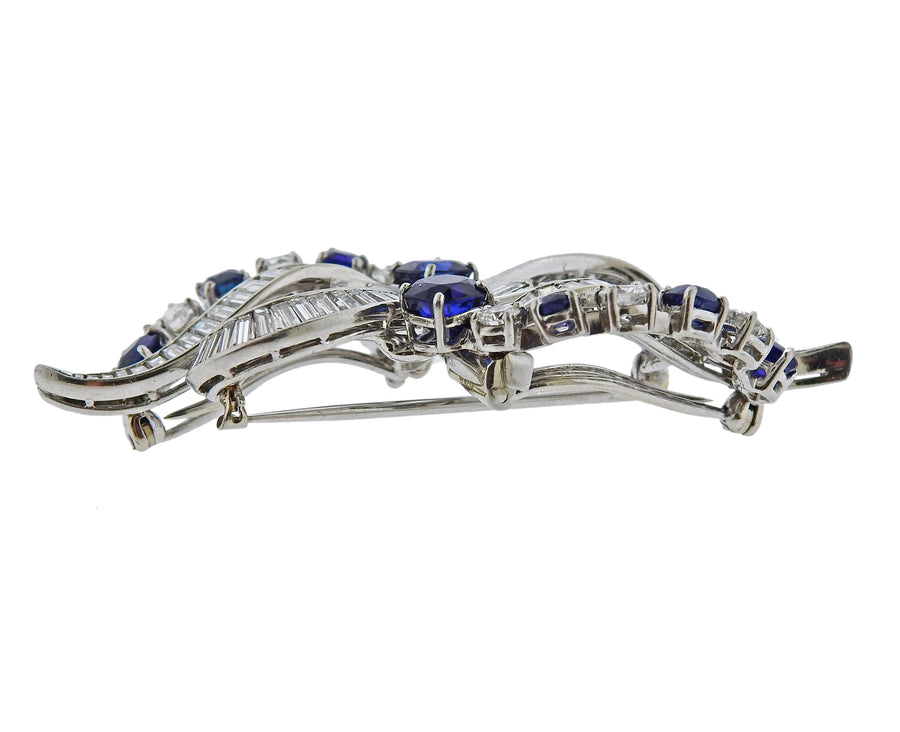 Mid Century Sapphire Diamond Platinum Brooch Clip