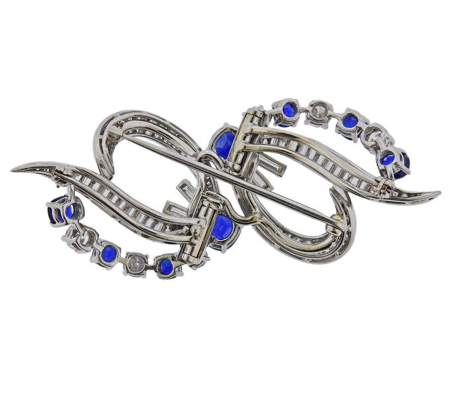 Mid Century Sapphire Diamond Platinum Brooch Clip