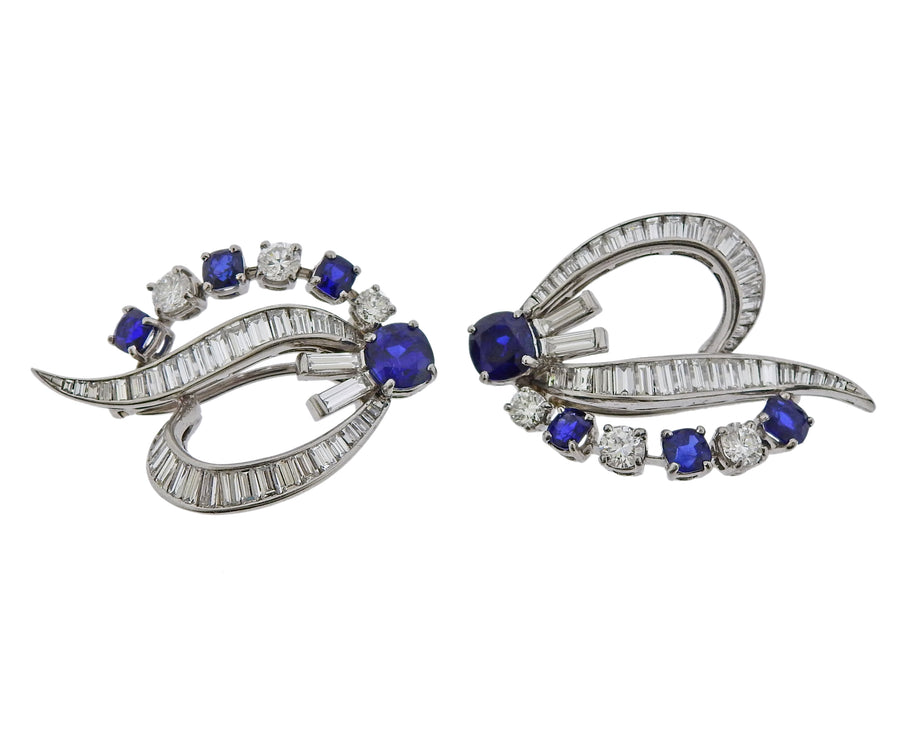 Mid Century Sapphire Diamond Platinum Brooch Clip