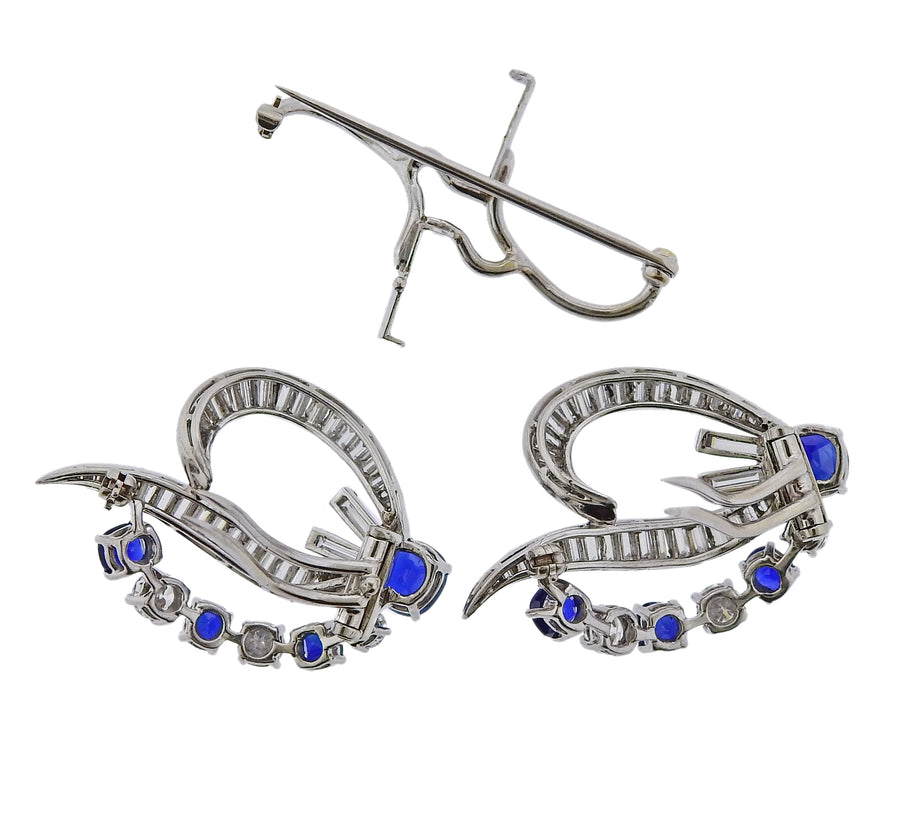Mid Century Sapphire Diamond Platinum Brooch Clip