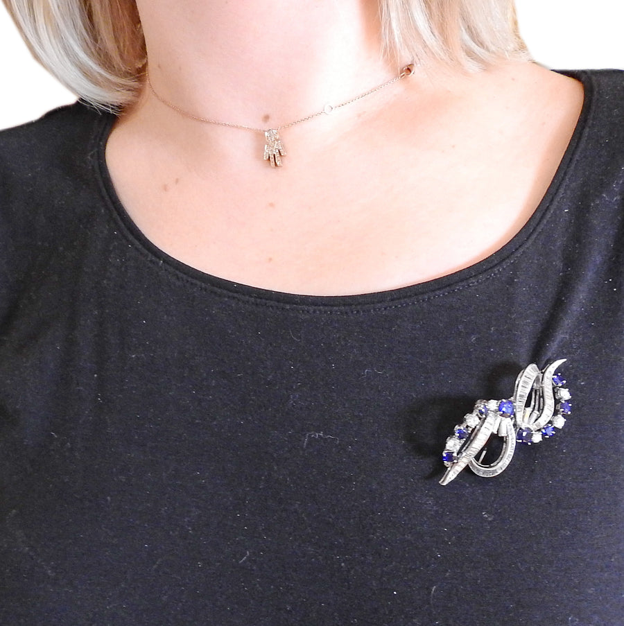 Mid Century Sapphire Diamond Platinum Brooch Clip