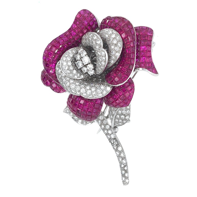 18 Karat White Gold Ruby and Diamond Brooch
