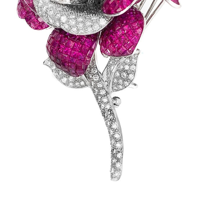 18 Karat White Gold Ruby and Diamond Brooch