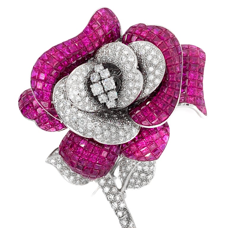 18 Karat White Gold Ruby and Diamond Brooch