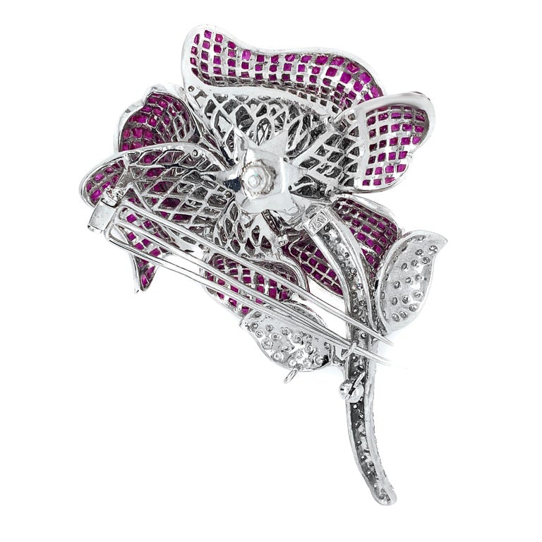 18 Karat White Gold Ruby and Diamond Brooch