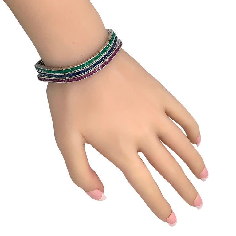18 Karat Gold 3 Straight Line Emerald, Ruby and Sapphire Square Cut Bracelets